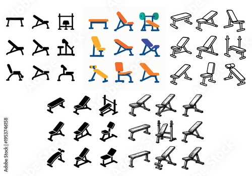 Fitness icons with bench barbell weight minimal
