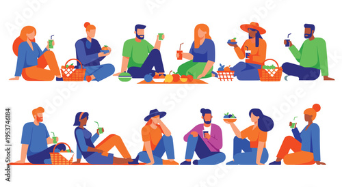 Diverse people having picnic outside on warm summer day, friends eating