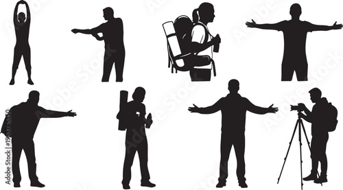 Silhouettes of people with various camera equipment poses
