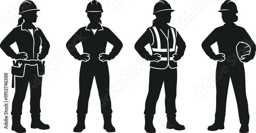 Professional Female Construction Worker Silhouette Pack Featuring Confident Engineers Architects and Site Supervisors in Full Safety Gear and Workwear