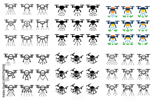 Agriculture icons with drone spray plant flat