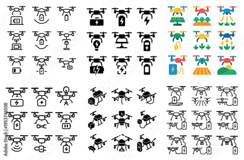 Drone icons with quadcopter camera battery flat