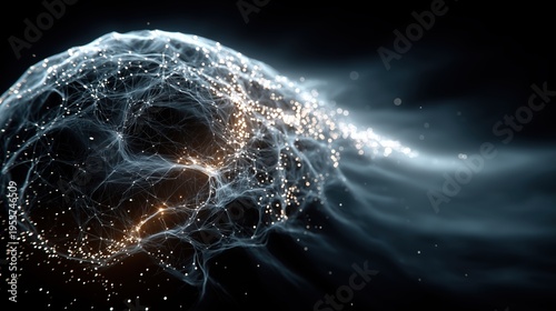 Abstract glowing neural network, digital planet Earth or futuristic virus concept. Macro 3D render of global web connections, artificial intelligence and microscopic biology background