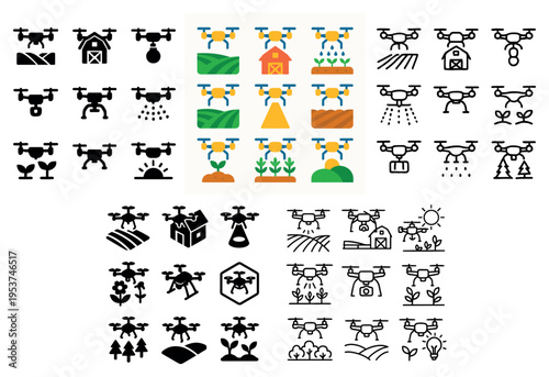 Agriculture icons with drone barn flat colorful