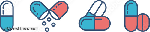Pill and capsule icon set, illustrated collection of four medication and pharmacy symbols representing healthcare treatment and medical drug concepts.