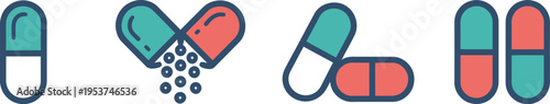 Pill and capsule icon set, clean vector illustration featuring four medicine and pharmacy symbols for healthcare medical and pharmaceutical design use.