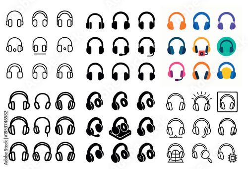 Audio icons with headphones microphone colorful flat