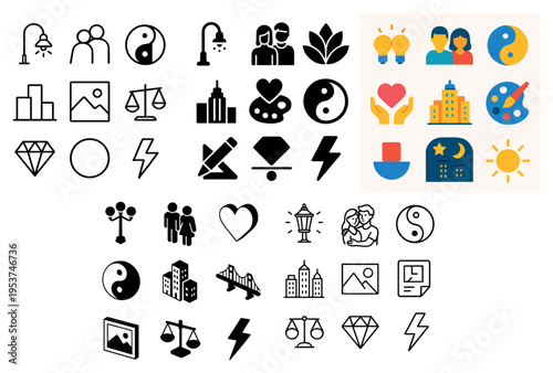 Lifestyle icons with people yin heart flat