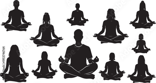 People Meditating in Yoga Poses Silhouette Illustration