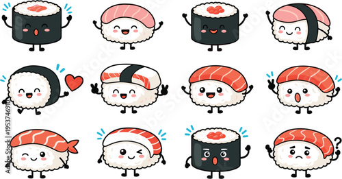 Cute sushi characters collection with funny nigiri rolls kawaii Japanese food mascots cartoon vector illustration set