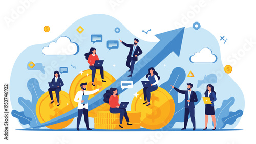 Team of diverse business professionals working together to reach financial success and growth shown by a rising arrow and gold coins.