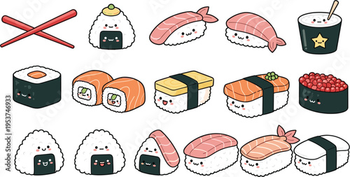Cute sushi collection with nigiri rolls onigiri chopsticks and Japanese food kawaii cartoon vector illustration set