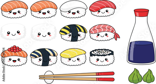 Cute sushi set with nigiri rolls soy sauce chopsticks and kawaii Japanese food characters vector illustration collection