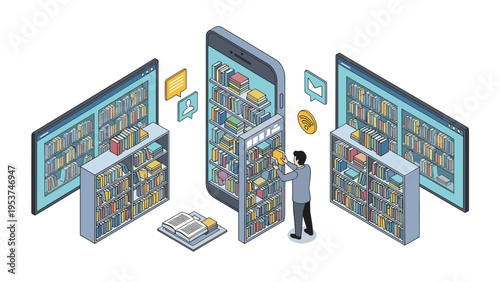 Isometric view of a digital library with a person searching books on a giant smartphone and computer monitors.