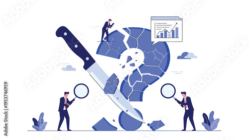 Business professionals analyzing and solving complex problems symbolized by a broken question mark and a large knife on a blue background.