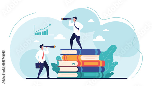 Professionals standing on a stack of books using telescopes to find new opportunities and gain foresight through knowledge and education.