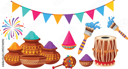 Holi festival celebration set with colorful powder pots drum fireworks bunting and paint brushes vector illustration