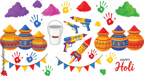 Holi festival celebration collection with colorful powder water guns pots handprints and festive decorations vector illustration set