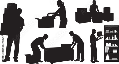 Silhouettes of people moving boxes and furniture