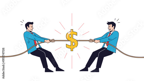 Two men in business suits engaged in a tug of war over a golden dollar sign symbol represents financial competition or economic struggle.