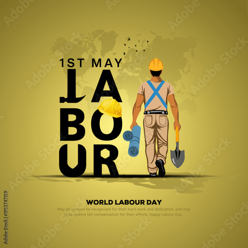 happy Labour day or international workers day vector illustration, site engineer, labour with safety cap going to construction site. labor day and may day celebration design.