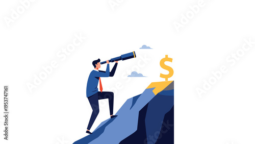 Ambitious businessman using a telescope to look at a dollar sign while climbing a mountain represents financial vision and long term goals.