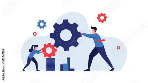 Man and woman in business attire working together to push large blue and red gears represents the importance of teamwork and collaboration.