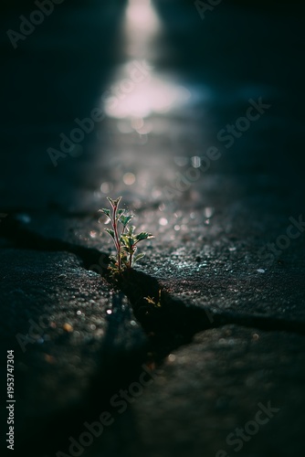 A determined plant emerges through a crack in the pavement, symbolizing resilience and growth against adversity in urban settings.