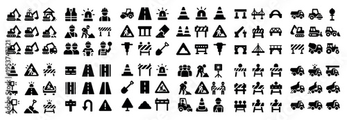 Construction icons with cone barrier excavator minimal