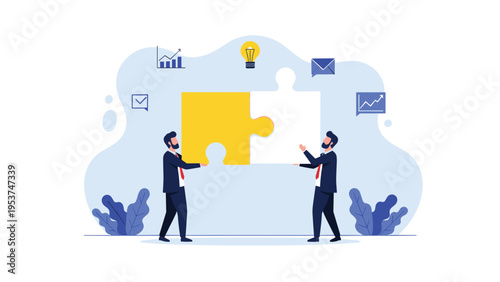 Two businessmen fitting a yellow and a white puzzle piece together represents a strategic partnership, merger, or collaborative solving.