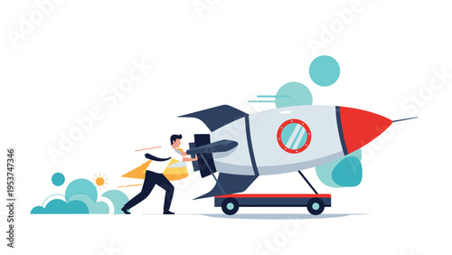 Motivated businessman pushing a large space rocket on a cart towards a launch represents starting a new project or a business startup.