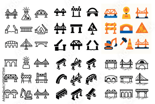 Bridge icons with arch truss pillar minimal