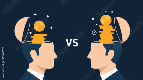 Comparison between two human head silhouettes containing different amounts of coins represents financial mindset and wealth accumulation.