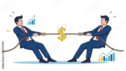 Rival businessmen in blue suits compete in a tug of war game over a large golden dollar sign representing profit.