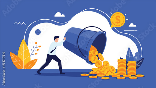 Successful entrepreneur pours a large bucket of gold coins onto the ground to demonstrate wealth and prosperity.