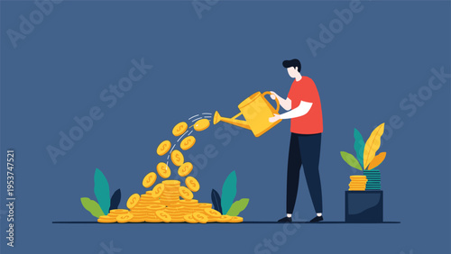 Dedicated man uses a watering can to nurture a growing pile of gold coins representing profitable investments.