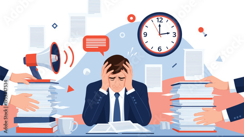 Stressed office worker feels overwhelmed by piles of paperwork and constant demands in a busy work environment.