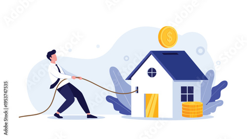 Homeowner pulls a small house with a rope to symbolize the heavy burden of mortgage debt and financial strain.