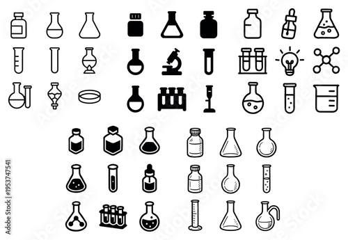 Science icons with flask beaker test tube outline