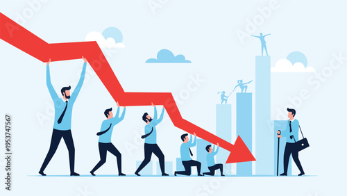 Group of employees works together to prevent a large red falling arrow from hitting the ground during a crisis.