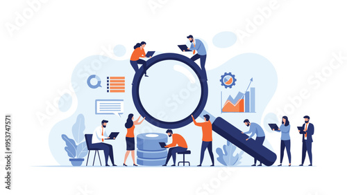 Data analysts and researchers collaborate around a giant magnifying glass to uncover insights from business info.