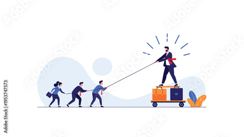 Unity of a business team pulling their leader on a platform to achieve collective goals through hard work.