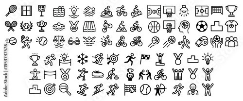 Sports icons with trophy ball runner outline