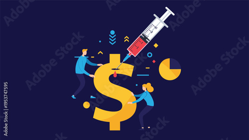 Giant medical syringe injects red liquid into a large dollar sign to represent economic stimulus and recovery.