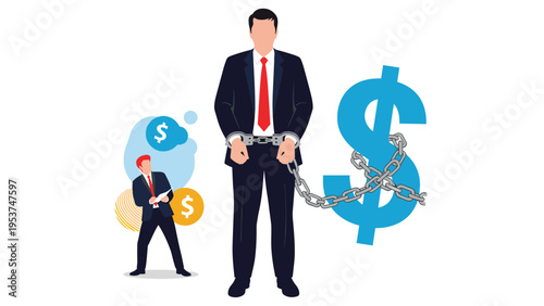 Handcuffed businessman in a suit is chained to a giant blue dollar sign representing financial crime and debt.