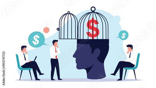 Thinking professionals stand around a head silhouette with a dollar sign in a cage representing financial ideas.