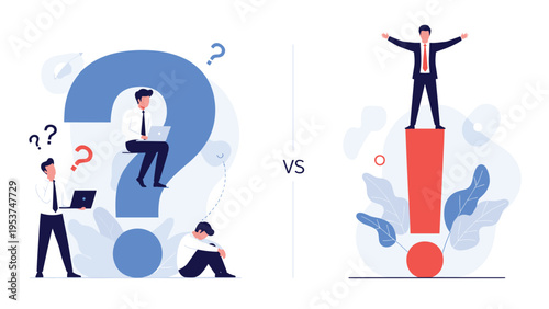 Comparison between confused people around a question mark and a successful leader on an exclamation point.