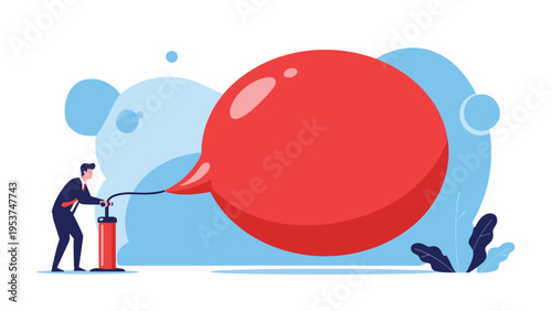 Professional uses a manual air pump to inflate a giant red speech bubble representing marketing hype and buzz.