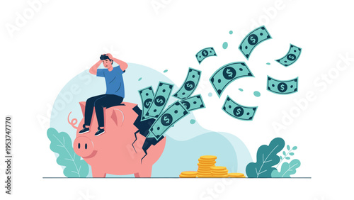 Upset man sits on a cracked piggy bank as paper bills fly away to represent financial crisis and money loss.