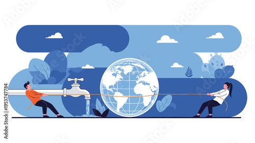 Man and woman pull a rope around a globe next to a leaking water faucet to represent global resource scarcity.